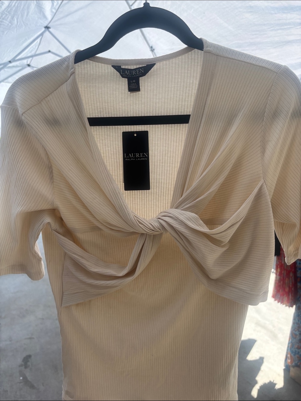 Lauren Ralph Lauren Cream Twist-Front Ribbed Crop Top